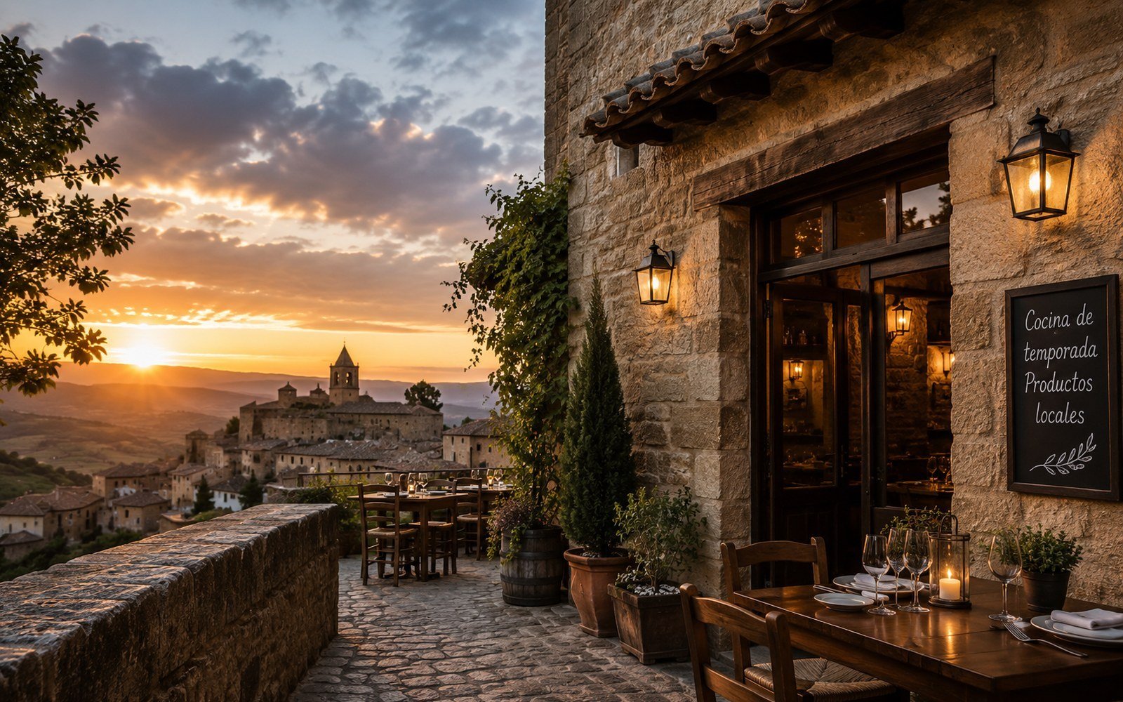 Terraza del restaurante La Muralla con vistas a la muralla medieval de Sos del Rey Católico