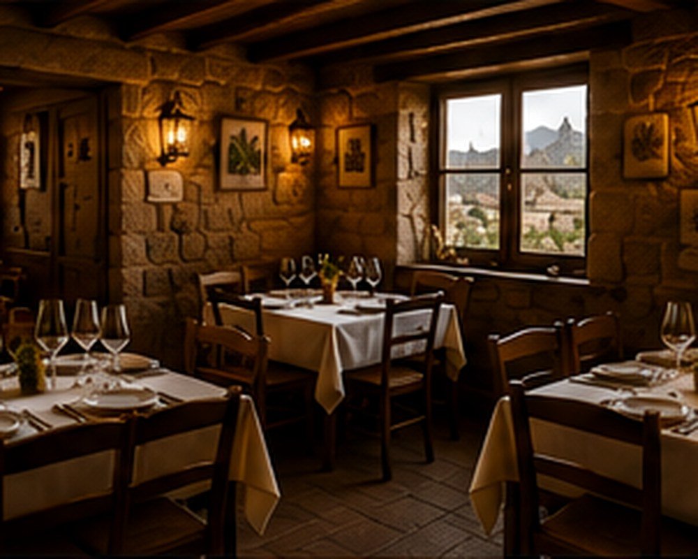 Comedor interior del restaurante La Muralla con piedra vista y mesas de madera