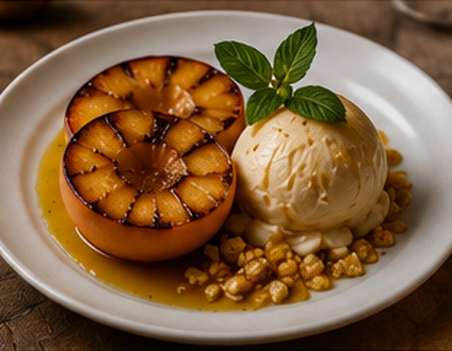 Melocotón de Calanda con crema y helado